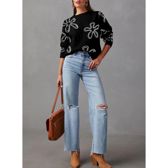 Women's Floral Print Cable Knit Sweater Crew Neck Long Sleeve Fall Winter - Picture 3 of 6